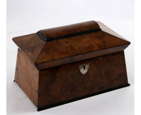 A Victorian walnut tea caddy, of sarcophagus shape, 22cm wide