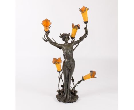 An Art Nouveau figural lamp, modelled as a maiden with four lights and coloured glass shades, 90cm high