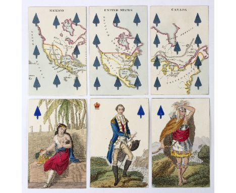 Charles Hodges Geographical Playing Cards, London, Stopforth &amp; Sons, circa 1827, 52 hand-coloured engraved cards with dut
