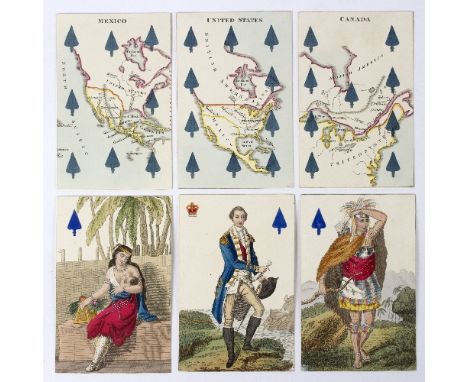 Charles Hodges Geographical Playing Cards, London, Stopforth &amp; Sons, circa 1827, 52 hand-coloured engraved cards with dut