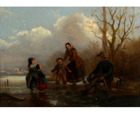 19th Century Continental School/Playing on the Ice/indistinctly signed and dated 18**/oil on canvas, 26.5cm x 37cm