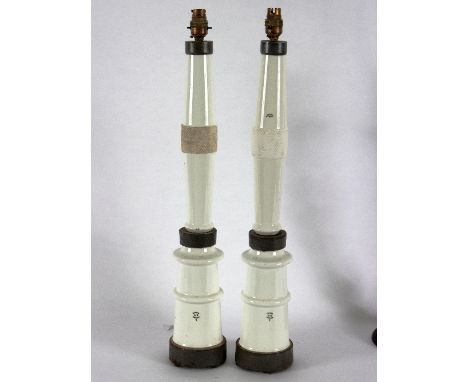 A pair of porcelain column lamp bases, marked Coimbra Portugal, 60cm high excluding fitting