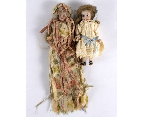 An early 20th Century miniature doll with bisque head, sleeping eyes, open mouth, composite jointed limbs with needle sewing 