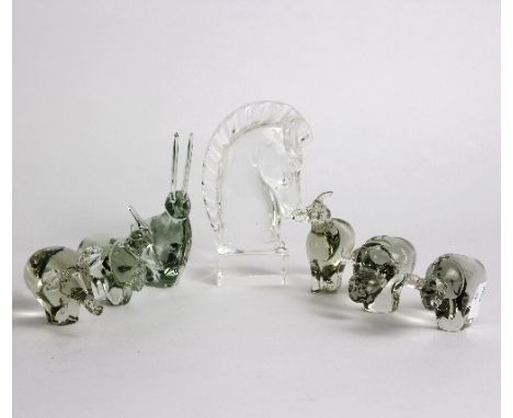 A Steuben glass chess piece (knight) and six small glass animals