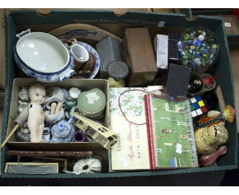 A group of toys, games and sundries to include a bisque Googlie doll, a Magneto horse racing game, a dolls tea set, doll hous