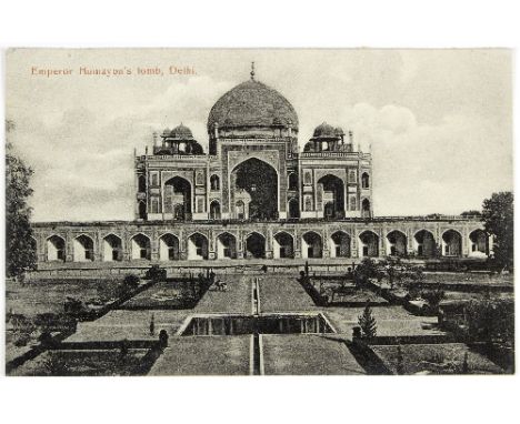 A leather covered album containing approximately 290 Indian topographical, portrait and other postcards including Trimulcherr
