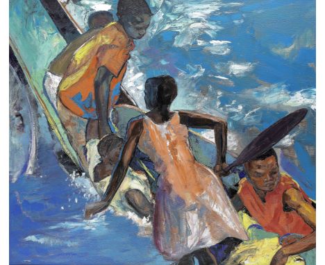 Aime Mpane (Democratic Republic of Congo, born 1968)Enfants jouant dans l'eau signed 'aime mpane' (lower left)oil on canvas99