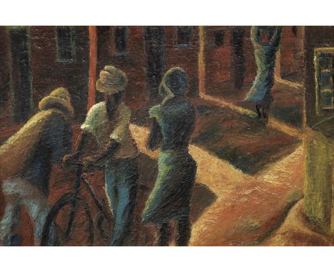 Gerard Sekoto (South African, 1913-1993)Three figures with bicycle. Sophiatown, circa 1940-42 signed 'G. SEKOTO' (lower right