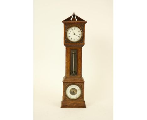 A miniature Longcase Clock, with aneroid barometer and thermometer, 38cms (15"). (1)