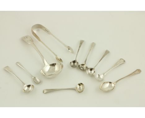 A George III fiddle pattern Sauce Ladle; a William IV fiddle pattern Sugar Tongs; together with seven assorted silver mustard