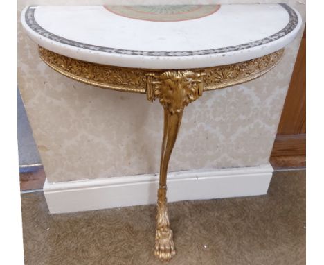 An attractive 19th Century giltwood demi-lune Console Table, with a painted marble top on front single shaped leg with lion p