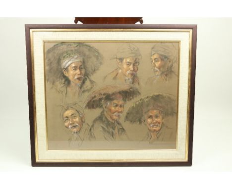 Tedja Suminar, Bali (1936-2016)  "Faces of Bali," pastel, collage of head studies of Bali People, approx. 48cms x 56cms (19" 