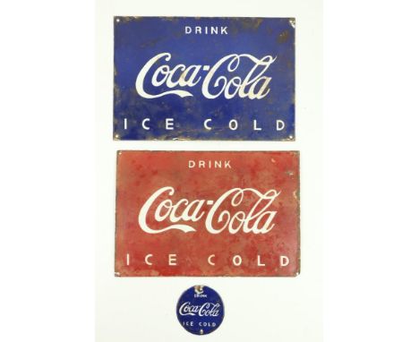 Two Vintage style enamel Advertisement Signs, 'Drink Coca Cola - Ice Cold,' red and blue, each approx. 28cms x 40cms (11" x 1