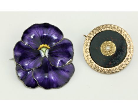 A 9ct gold circular Brooch, with bloodstone inset and seed pearl surmounted, approx. 3cms diameter; and an attractive and unu