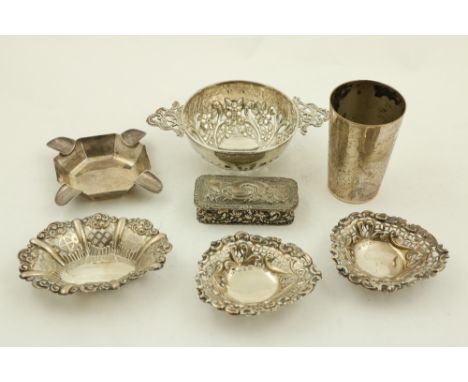 An embossed rectangular Chester silver Snuff Box, a small Victorian silver fern engraved Beaker and four silver Bon Bon Dishe