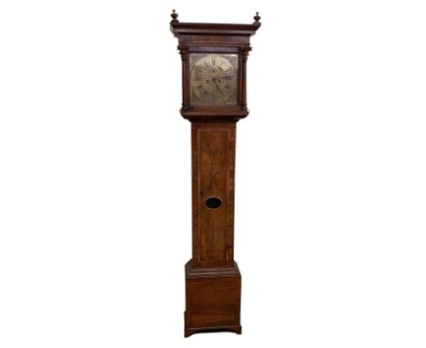 A fine quality walnut Longcase Clock, by Ambrose Moore of Dublin, the moulded cornice with urn finials, above a square glass 