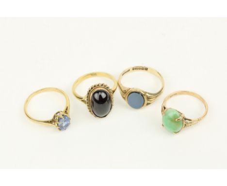 A Ladies gold Ring, with oval polished red stone, hallmarked (worn); a 9ct gold Signet Ring with oval blue stone inset; a 9ct