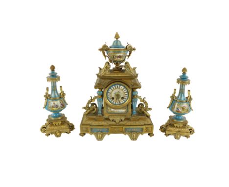 A fine late 19th Century French gilt brass and porcelain&nbsp;three piece Mantle Clock Garniture, comprising an architectural