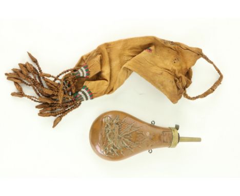 An early 20th Century Native American hide Pouch, with braided handle, colourful needlework and braided tassels; together wit