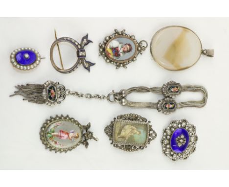 Silver Jewellery,&nbsp; including, Bracelet with enamel flora panels, attractive Pendant with enamel panel of Swiss girl, ins