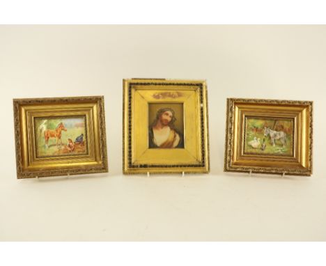 A late 19th Century miniature Portrait of Christ, with crown of thorns, 11.5cms x 9cms (4 1/2" x 3 1/2"), and a pair of minia