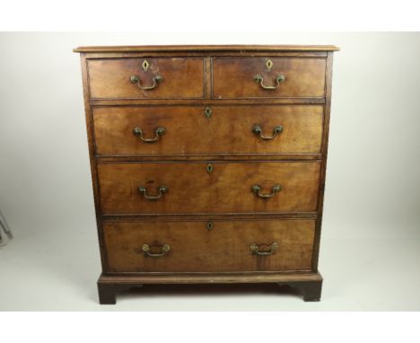 A late Georgian mahogany Chest, with three long and two short drawers on bracket feet, 102cms x 94cms (40" x 37"). (1) 