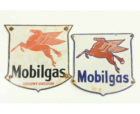 Two variant shield shaped enamel Vintage style Advertisement&nbsp;Signs, 'Mobilgas (Socony - Vacuum &amp; Bengal enamel Plata
