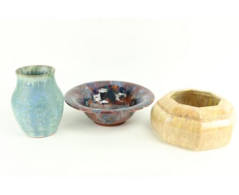 An octagonal Carrigware Bowl, a light blue Carrigaline pottery Vase, and an Art Pottery candy coloured Bowl (as is). (3) 