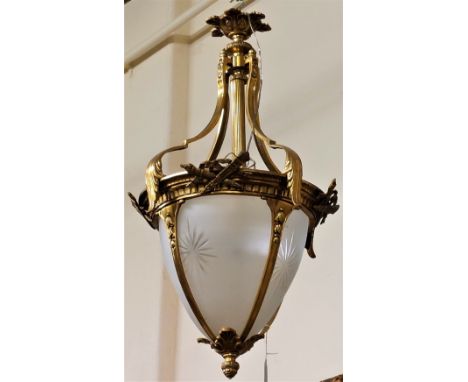 A French style domed shaped gilt metal Ceiling Light, decorated with bouquets and leaves with etched glass bowl. (1) 