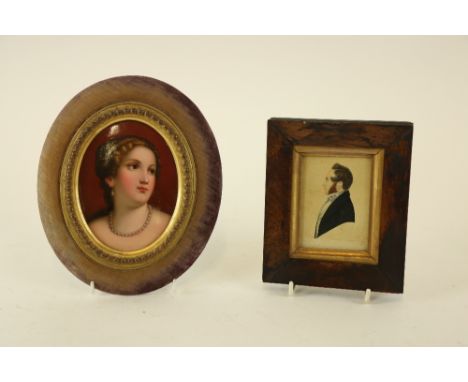 A German porcelain Miniature Portrait, of a young Lady with pearl necklace and ear drops, in velvet covered oval frame, 23cms