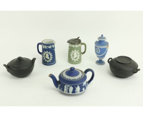 A Wedgwood blue Jasperware Teapot,&nbsp;a similar portrait Jug, a green Jasperware Hot Water Pot, a light blue Wedgwood Jaspe