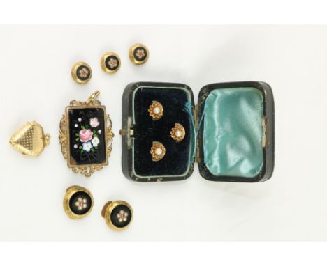 A gilt cased Locket modelled as a vinaigrette, with floral enamel front panel, cased set of 3 gold Studs with seed pearls, 5 