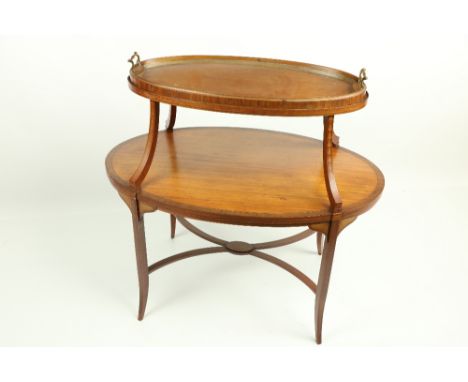 An attractive oval satinwood and mahogany banded inlaid two tier Supper Table,&nbsp;the top with a lift out glass bottom tray