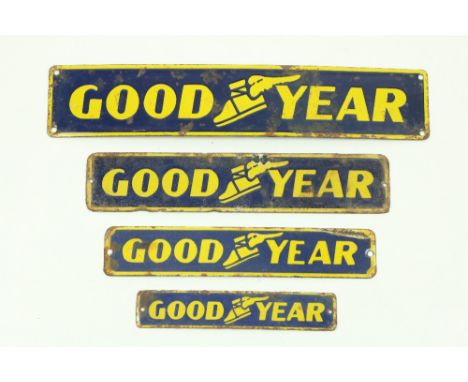 A rare set of four Vintage style&nbsp; graduating enamel Advertisement&nbsp;Signs, 'Goodyear Tyres,' each pierced and worn, a