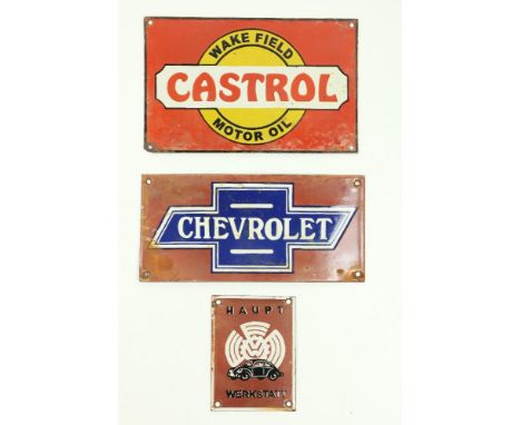 A Vintage style enamel Advertisement Sign, 'Chevrolet' approx. 14cms x 30cms (5 1/2" x 122), pierced and worn; a Vintage 'Wak