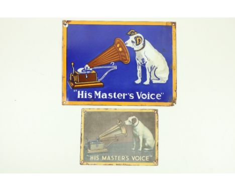 A large Vintage enamel Sign, 'His Masters Voice,' approx. 31cms x 41cms (12" x 16"), together with a smaller similar ditto, a