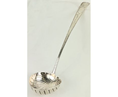 A very fine 18th Century Irish George III silver bright-cut Soup Ladle with shell bowl, c. 13 1/2" long, by John Power, c. 17