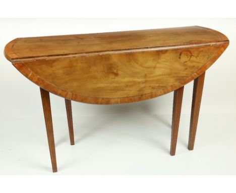 An inlaid mahogany and satinwood banded drop leaf gate leg Table,&nbsp;George III and later, with demi-lune flaps and raised 