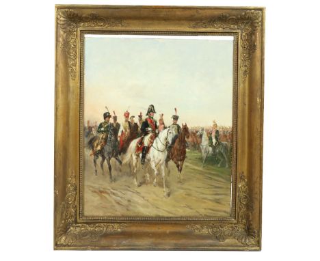 19th Century French School  "Leading the Troops," O.O.P., depicting Commander in Chief on horseback with army on foot, approx