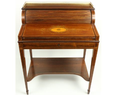 A fine Edwardian rosewood and marquetry inlaid Ladies cylinder Bureau de Dame, with three quarter pierced brass gallery, abov