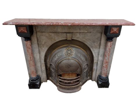 A fine quality Victorian period Sienna and grey marble Fire Surround,&nbsp;the moulded shelf over pillar supports, the centre