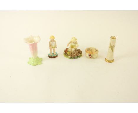 A small Royal Doulton Group, "A Woodland Dance," modelled by F.G. Doughty, 11cms (4 1/2"); another smaller ditto "Joan", a Ro