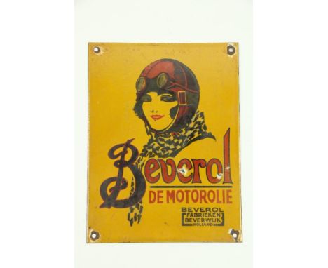 A Vintage style enamel Sign, 'Beverol de Motorolie, Holland,' approx. 30cms x 23cms (12" x 9") pierced and worn, as a sign, w