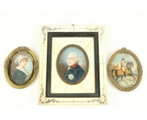 A pair of oval 20th Century French miniature Portraits, one depicting Napoleon on horseback, and another Portrait of a Lady, 