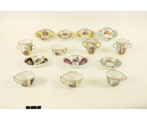 Three Dresden yellow and white ground porcelain chocolate Cups and Stands, each decorated with courting couples and flowers w