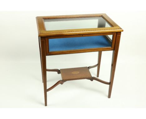 An inlaid and chequered banded mahogany Curio Display Case, the glazed and hinged top above four lower glazed frieze panels a