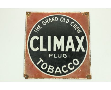 A Vintage style enamel Advertisement Sign&nbsp;for 'The Grand Old Chew Climax Plug Tobacco,' worn and pierced, approx. 38cms 