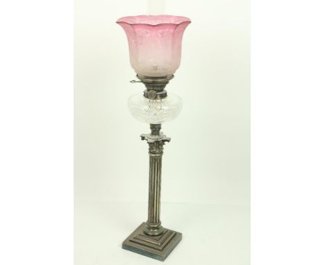 A heavy silver plated Corinthian&nbsp;style Table Oil Lamp,&nbsp;on square stepped base with reeded column and Corinthian cap