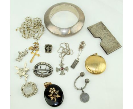 Varied Jewellery etc:&nbsp; A gold and crystal Rosary Beads; small silver Chain and Ingot; a large silver Bangle, an attracti