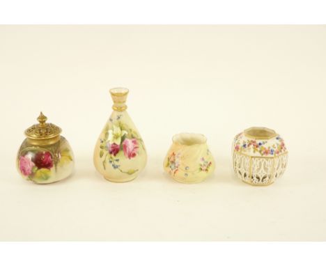 A good Royal Worcester Pot Pourri, with pierced cover and urn finial decorated with roses, 10cms (4"); a Royal Worcester flor